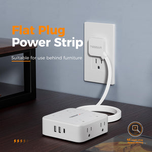 Surge Protector Flat Extension Cord Flat Plug Power Strip, 8 AC Outlets, 3 USB Charger(1 USB C Port) 3-Sided Outlet Extender, 5 Ft, 900 Joules Protection, Office Supplies, Dorm Room Essentials, Grey