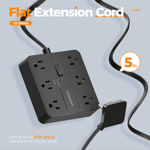 Black Surge Protector Power Strip, TESSAN Flat Plug Extension Cord 5 FT with 6 Outlets 3 USB Charger (1 USB C), 1700J Protection Multiple Outlets Charging Station for Home, Office, College Dorm Room