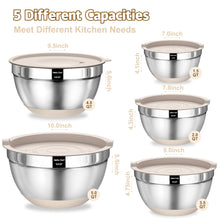 Load image into Gallery viewer, Umite Chef Mixing Bowls with Airtight Lids Set, 8PCS Stainless Steel Khaki Nesting Bowls with Grater Attachments, Kitchen Bowls with Non-Slip Bottoms, Size 5, 4, 3.5, 2, 1.5QT for Mixing &amp; Serving