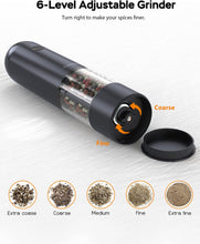 Load image into Gallery viewer, Upgraded Larger Capacity: Electric Salt and Pepper Grinder Set Rechargeable with LED lights - Stainless Steel Automatic Pepper and Salt Grinder Refillable with 6 Adjustable Coarseness
