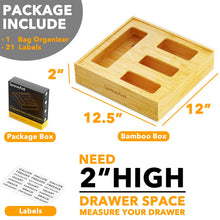 Load image into Gallery viewer, SpaceAid Bag Storage Organizer for Kitchen Drawer, Bamboo Organizer, Compatible with Gallon, Quart, Sandwich and Snack Variety Size Bag (1 Box 4 Slots)