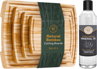 Bamboo Cutting Boards Set of 4 + Food Grade Mineral Oil for Cutting Board Bundle