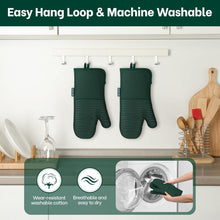 Load image into Gallery viewer, Beneno Non-Slip Silicone Textured Cotton Oven Mitts, Heat Resistant up to 500° F, Flexible Grip with 14.3&quot;x7&quot; Longer Protection, Durable 100% Cotton Oven Mitts for Kitchen &amp; Barbecue, 2-Pack, Green