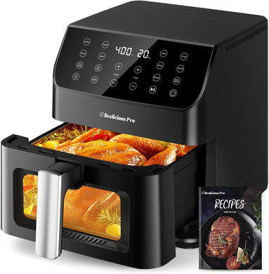 Beelicious 5.8QT Large Air Fryer, 12-in-1 Digital Airfryer with Clear Window, 40+ Recipes, Flavor-Lock Tech, Shake Reminder, Compact, Quiet, Dishwasher Safe, Nonstick (Matte Black)