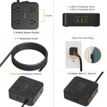 Load image into Gallery viewer, Surge Protector Flat Extension Cord Flat Plug Power Strip, 8 AC Outlets, 3 USB Charger(1 USB C Port) 3-Sided Outlet Extender, 5 Ft, 900 Joules Protection, Office Supplies, Dorm Room Essentials, Grey