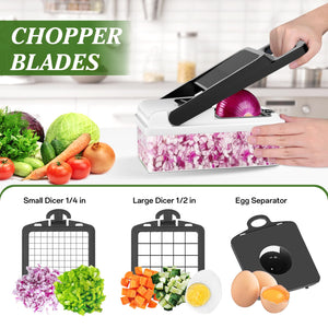 HomeHacks Vegetable Chopper Vegetable Cutter, 12 in 1 Multi-Functional Kitchen Gadget Set - Dicer, Slicer, Cutter, Julience, Cheese Grater, Egg Separator, Hand Guard - Veggie Chopper Lid with Handle