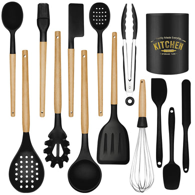 Kitchen Cooking Utensils Set, 14 Non-Stick Silicone Cooking Kitchen Utensils Spatula Set with Holder, Wooden Handle Silicone Kitchen Gadgets Utensil Set for Nonstick Cookware(Black)