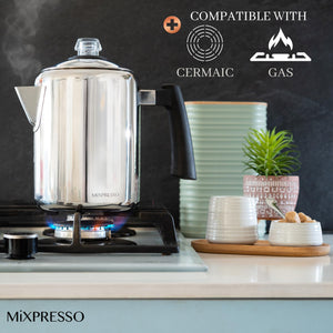 Mixpresso Stainless Steel Stovetop Coffee Percolator, 52 oz Classic Percolator Coffee Pot, Excellent As Camping Pot, 12 Cup Stainless Steel Camping Coffee Makers, Cool-Touch Handle.