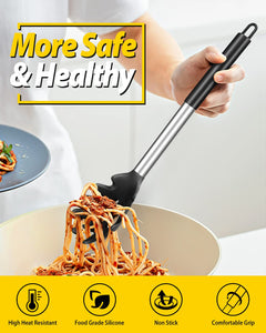 Pack of 2 Silicone Pasta Fork, Kitchen Heat Resistant Noodle Spoon Server, BPA Free Spaghetti Strainer, Best Cooking Tools (GRAY-BLUE)