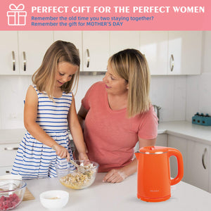 Secura Stainless Steel Double Wall Electric Kettle Water Heater for Tea Coffee w/Auto Shut-Off and Boil-Dry Protection, 1.0L (Orange) SWK-1001DO/HB-K012