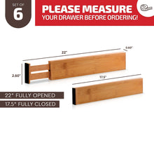 Load image into Gallery viewer, Large Kitchen Drawer Organizer - Expandable Bamboo Drawer Dividers (17&quot; - 21.5&quot;) - Adjustable Separators for Kitchen, Clothes, Dresser, Bedroom, Bathroom, and Desk Drawers - 6 Pack