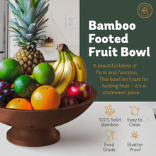 Load image into Gallery viewer, Bambüsi Fruit Bowl - 11&quot; Large Brown Wooden Pedestal Bowl for Kitchen Counter &amp; Dining Table Centerpiece, Premium Bamboo Wood Fruit Basket &amp; Banana Holder for Fresh Produce, Bread &amp; Home Decor