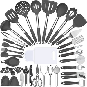 Silicone Cooking Utensil Set, Umite Chef 43 PCS Heat Resistant Kitchen Utensil Gadgets Set-Stainless Steel Handle- Kitchen Spatula Tools for Nonstick Cookware, Pots and Pans Accessories (Khaki)