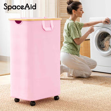 Load image into Gallery viewer, SpaceAid Laundry Hamper with Lid, 110L Large Tall Clothes Basket Bin with Bamboo Handles, Collapsible Laundry Hamper for Bedroom, Bathroom, Dorm, Laundry Room - Black