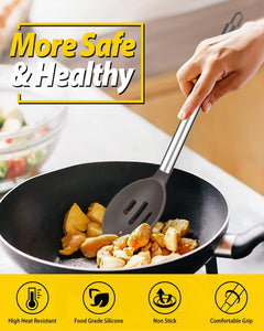 Pack of 2 Large Silicone Cooking Spoons,Non Stick Solid Basting Spoon,Heat-Resistant Kitchen Utensils for Mixing,Serving,Draining,Stirring (BLACK)