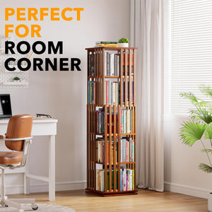SpaceAid 6 Tier Rotating Bookshelf Tower, Bamboo Spinning Book Shelf, Revolving 360 Bookcase Storage Swivel Round Carousel, Vertical Rotate Turning Spiral Corner Organizer (6-Tier Walnut)