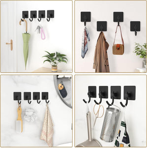 Self Adhesive Hooks,Heavy Duty Stick On Wall and Door Hooks for Hanging,Bathroom Towel Hooks and Kitchen Hallway Sticky Black Hooks,Coat Hooks Robe Hook Wall Mounted,Stainless Rustproof,4 Pack