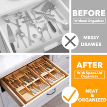 Load image into Gallery viewer, SpaceAid Bamboo Silverware Drawer Organizer with Labels, Kitchen Utensil Tray Holder Organizer for Flatware, Cutlery, Spoon and Knives Drawer Storage Organization (Natural, 6 Slots)