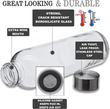 Load image into Gallery viewer, Brieftons Borosilicate Glass Water Bottles With Caps: Clear, 6 Pack, 18 Oz, Heat Resistant, Slim, Easy to Store, Leakproof Lids, Best As Reusable Drinking Bottle, Sauce Jar, Juice Beverage Container