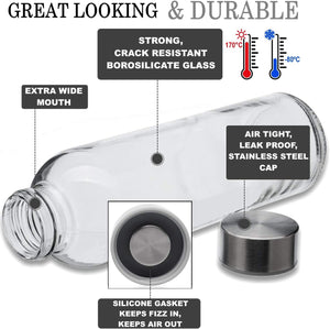 Brieftons Borosilicate Glass Water Bottles With Caps: Clear, 6 Pack, 18 Oz, Heat Resistant, Slim, Easy to Store, Leakproof Lids, Best As Reusable Drinking Bottle, Sauce Jar, Juice Beverage Container