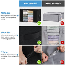 Load image into Gallery viewer, HomeHacks Storage 6-Pack Clothes Organizer Storage Bags Foldable Storage Box with Large Clear Window Sturdy Handles for Closet, Dorm, Pillows, Bedding, Clothes, Stuffed Toys, Blankets, 100L, Black