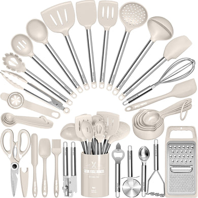 Kitchen Utensils Set-Umite Chef 34 Pcs Silicone Cooking Utensils Set for Nonstick Cookware-Silicone Spatulas Set, Stainless Steel Handle-Black Kitchen Gadgets Tools, Pots and Pans Accessories