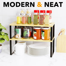 Load image into Gallery viewer, SpaceAid Cabinet Shelf Organizers 2 Pack, Kitchen Counter Rack Shelves Riser, Stackable Expandable Spice Rack, Pantry Cupboard Storage Organization (Black and Natural, Short)