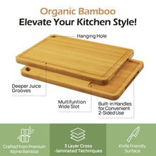 Load image into Gallery viewer, Bamboo Cutting Board, Durable Wood Cutting Boards for Kitchen with Deep Juice Grooves &amp; Built-in Handles, Ideal Charcuterie &amp; Chopping for Meat, Vegetables and Fruits Ideal Kitchen Gifts