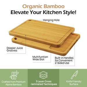Bamboo Cutting Board, Durable Wood Cutting Boards for Kitchen with Deep Juice Grooves & Built-in Handles, Ideal Charcuterie & Chopping for Meat, Vegetables and Fruits Ideal Kitchen Gifts