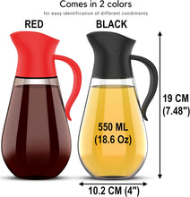 Load image into Gallery viewer, Brieftons Oil &amp; Vinegar Dispensers: 2 x 18.6 Oz Leakproof Glass Oil Dispenser Bottles, Dual Condiment Dispensing Cruets, Easy Pouring with Auto Flip Cap &amp; Stopper, Drip Free &amp; Spill Free Design