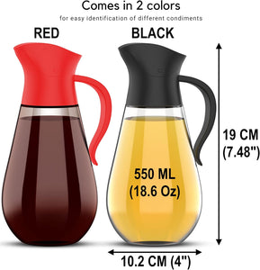 Brieftons Oil & Vinegar Dispensers: 2 x 18.6 Oz Leakproof Glass Oil Dispenser Bottles, Dual Condiment Dispensing Cruets, Easy Pouring with Auto Flip Cap & Stopper, Drip Free & Spill Free Design
