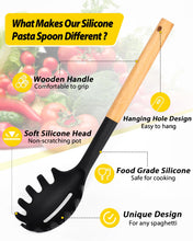 Load image into Gallery viewer, Pack of 2 Spaghetti Spoon, Silicone Pasta Fork with Wooden Handle, Heat Resistant Noodle Spoon Server, BPA Free Spaghetti Strainer(BLACK-RED)