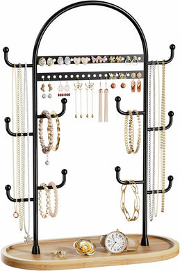 Jewelry Organizers Storage 12.9'' Earring Ring Bracelet Holder Display Stand Necklace Tree With Wooden Tray Black