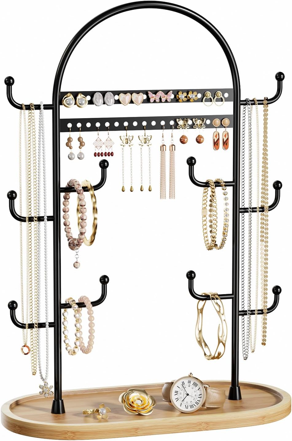 Jewelry Organizers Storage 12.9'' Earring Ring Bracelet Holder Display Stand Necklace Tree With Wooden Tray Black