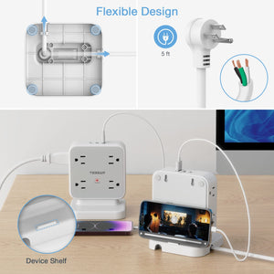 Surge Protector Flat Extension Cord Flat Plug Power Strip, 8 AC Outlets, 3 USB Charger(1 USB C Port) 3-Sided Outlet Extender, 5 Ft, 900 Joules Protection, Office Supplies, Dorm Room Essentials, Grey