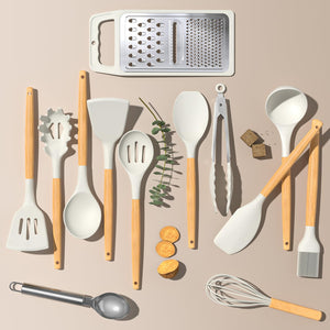 Umite Chef Silicone Kitchen Utensil Set, 34PCS Heat Resistant Kitchen Gadgets and Tools With Grater, Wood Handles for Nonstick Cookware