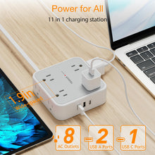 Load image into Gallery viewer, Surge Protector Flat Extension Cord Flat Plug Power Strip, 8 AC Outlets, 3 USB Charger(1 USB C Port) 3-Sided Outlet Extender, 5 Ft, 900 Joules Protection, Office Supplies, Dorm Room Essentials, Grey