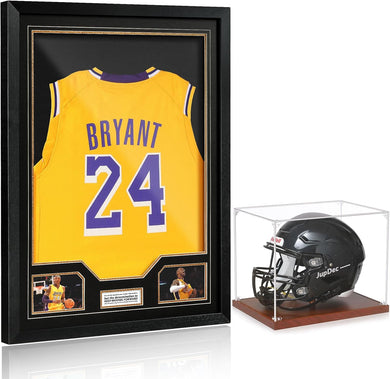 JupDec Jersey Frame & Full Size Helmet Display Case, Large Clear Acrylic Shadow Box with UV Protection Wooden Showcase,Idea Gift for Sports Fans