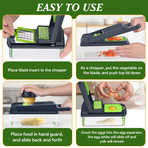 HomeHacks Vegetable Chopper Vegetable Cutter, 12 in 1 Multi-Functional Kitchen Gadget Set - Dicer, Slicer, Cutter, Julience, Cheese Grater, Egg Separator, Hand Guard - Veggie Chopper Lid with Handle