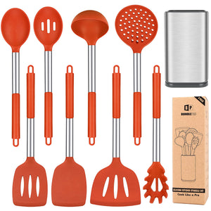 Silicone Cooking Utensil Set, 8Pcs Non-stick Cookware with Stainless Steel Handle, BPA Free Heat Resistant Kitchen Tools with Spatulas, Turners, Spoons, Skimmer and Pasta Fork