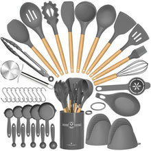 Load image into Gallery viewer, Umite Chef 36pcs Silicone Kitchen Cooking Utensils with Holder, Heat Resistant Cooking Utensils Sets Wooden Handle, Nonstick Kitchen Gadgets Tools Include Spatula Spoons Turner Pizza Cutter(Grey)