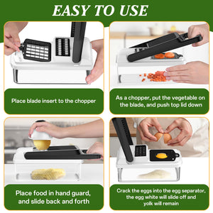 HomeHacks Vegetable Chopper Vegetable Cutter, 12 in 1 Multi-Functional Kitchen Gadget Set - Dicer, Slicer, Cutter, Julience, Cheese Grater, Egg Separator, Hand Guard - Veggie Chopper Lid with Handle