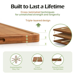 Bamboo Cutting Board, Durable Wood Cutting Boards for Kitchen with Deep Juice Grooves & Built-in Handles, Ideal Charcuterie & Chopping for Meat, Vegetables and Fruits Ideal Kitchen Gifts