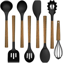 Load image into Gallery viewer, Silicone Cooking Utensil Set, Umite Chef 8-Piece Kitchen Utensils Set with Natural Acacia Wooden Handles,Food-Grade-Silicone Kitchen Gadgets Spatulas Set for Nonstick Cookware- Black
