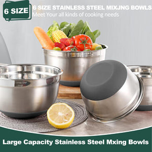 Umite Chef Mixing Bowls with Airtight Lids, 6 piece Stainless Steel Metal Nesting Storage Bowls, Non-Slip Bottoms Size 7, 3.5, 2.5, 2.0,1.5, 1QT, Great for Mixing & Serving (Khaki)