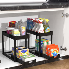 Load image into Gallery viewer, 2PC Under Sink Organizer Rack 2 Tier Under Sliding Cabinet Basket Organizer Drawer with 4 Hooks, Multi-purpose Under Sink Storage for Bathroom Kitchen Desktop（Black）