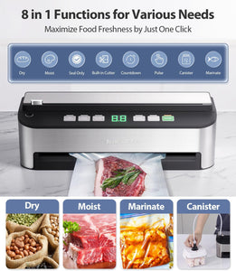 Vacuum Sealer Machine, Beelicious 85KPA Fully Automatic 8-IN-1 Food Sealer with Bags Storage, Moist Mode and Air Suction Hose | Digital Countdown | Sous Vide，Build-in Cutter