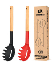 Load image into Gallery viewer, Pack of 2 Spaghetti Spoon, Silicone Pasta Fork with Wooden Handle, Heat Resistant Noodle Spoon Server, BPA Free Spaghetti Strainer(BLACK-RED)