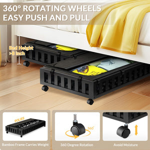 2 Pack Bamboo Under Bed Storage with Wheels, 39”x20”x7.8” Lager Under Bed Storage Containers (Brown)