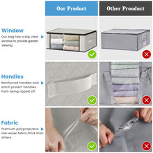 Load image into Gallery viewer, HomeHacks Storage 3-Pack Clothes Organizer Storage Bags Foldable Storage Box with Large Clear Window Sturdy Handles for Closet, Dorm, Pillows, Bedding, Clothes, Blankets, 35L, Gray